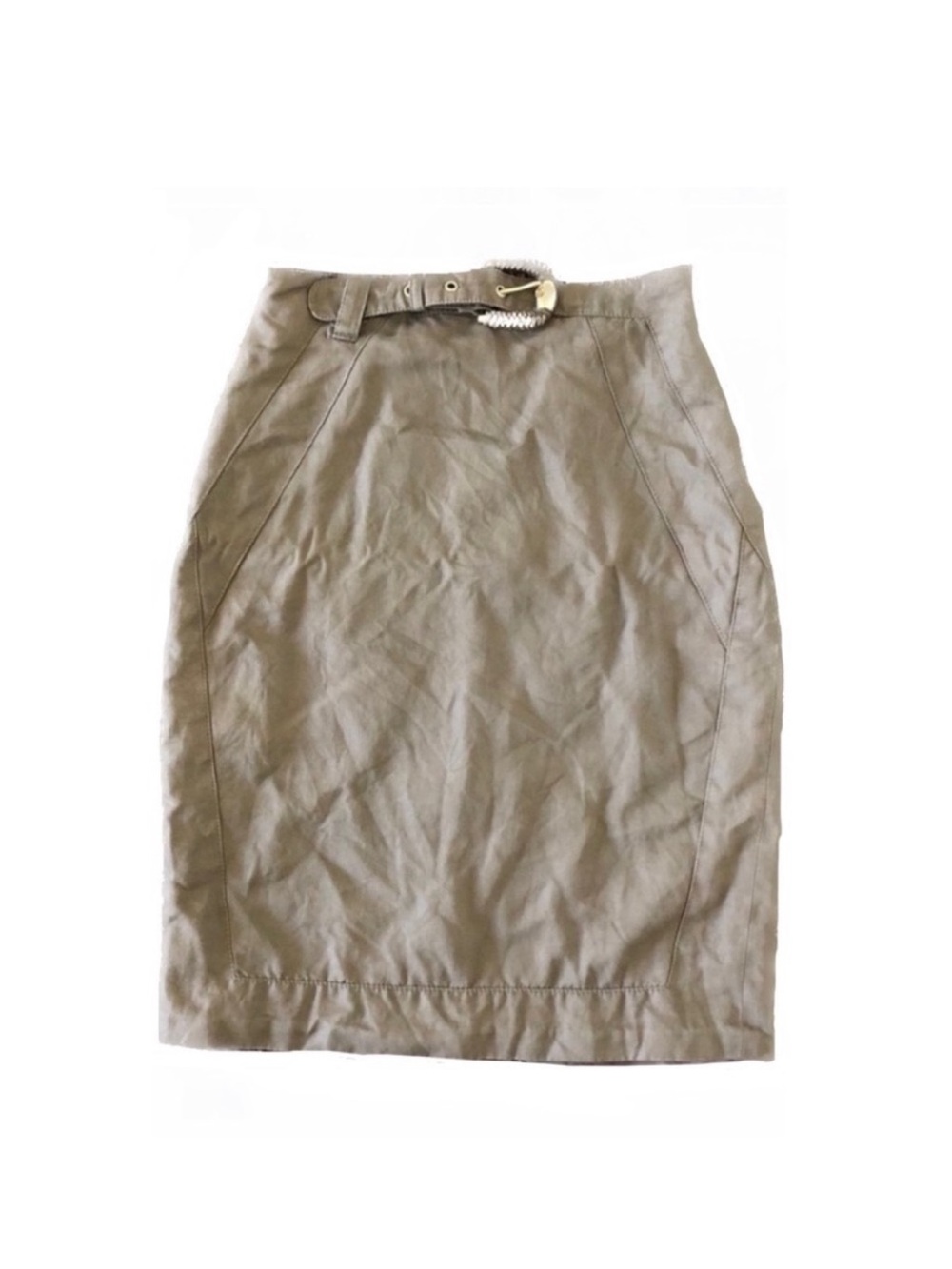 Versace VJC Leather Belted Beige Pencil Skirt with Etched Gold Hardware Buckle